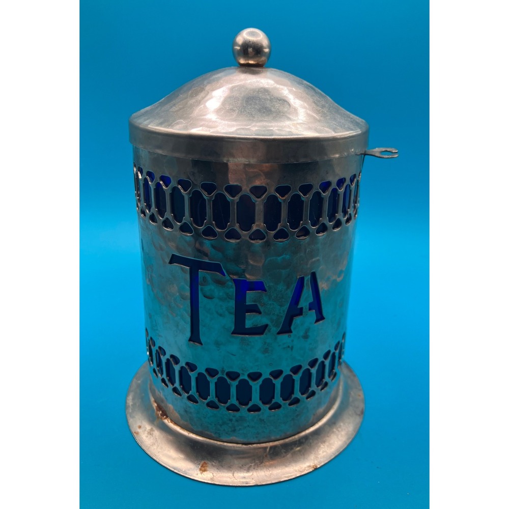 Leonard Tea Canister Vintage Silver Plate Cobalt Blue Glass Hammered England